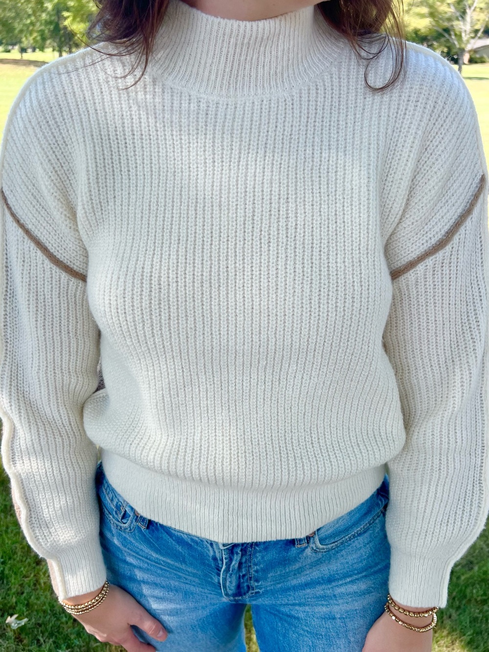 Blu Pepper Cream Ribbed Mockneck Sweater with Tan Trim